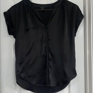Japna Black Satin Short-Sleeve V-Neck Blouse